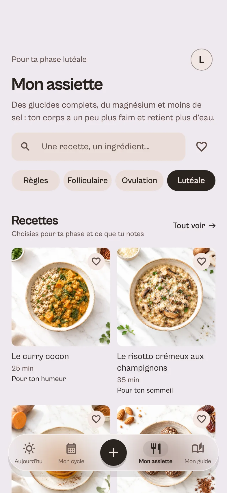 L’écran Mon assiette : des recettes choisies pour la phase lutéale, comme le curry cocon et le risotto crémeux.