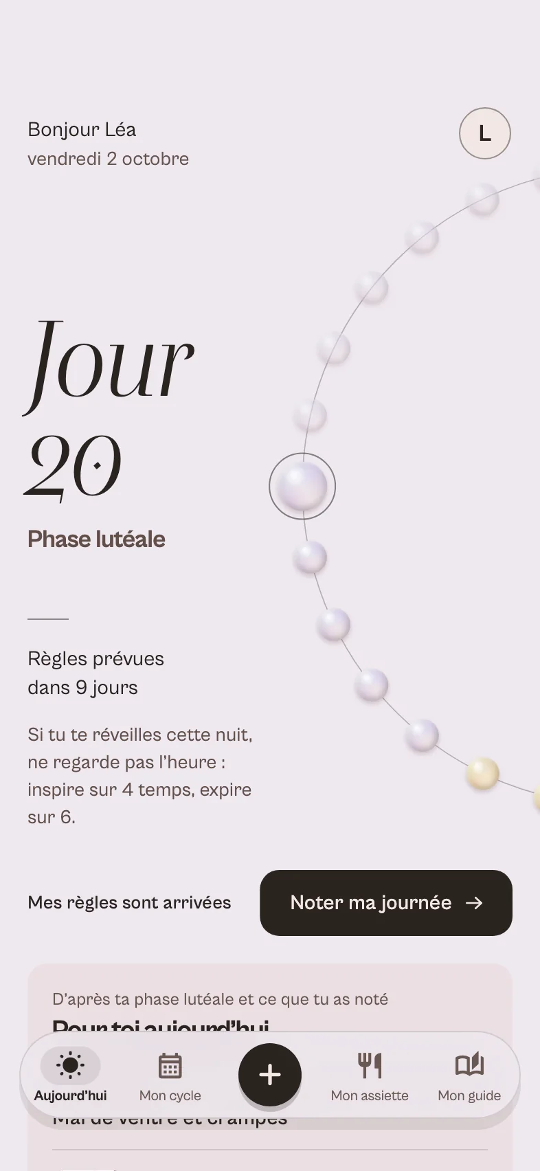 L’écran Aujourd’hui de Perle : Jour 20, phase lutéale, règles prévues dans 9 jours, et le collier de perles du cycle.
