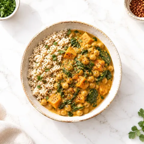 Curry de pois chiches et patate douce sur une céréale, dans un bol en céramique