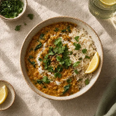 Dahl de lentilles dans un bol, vu du dessus