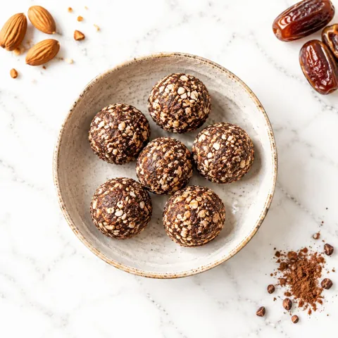 Energy balls au cacao, entourées d’amandes et de dattes