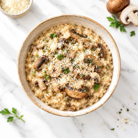 Risotto aux champignons et parmesan dans une assiette creuse